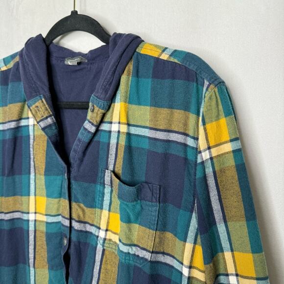 EDDIE BAUER / blue green yellow plaid hooded flannel shacket jacket hoodie / M - Picture 3 of 9